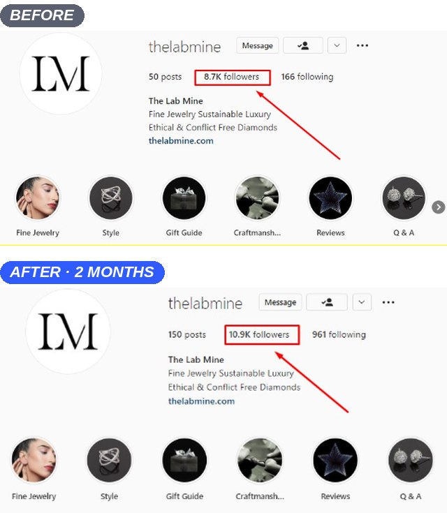 The Lab Mine Instagram profile before and after: 8.7K followers grew to 10.9K